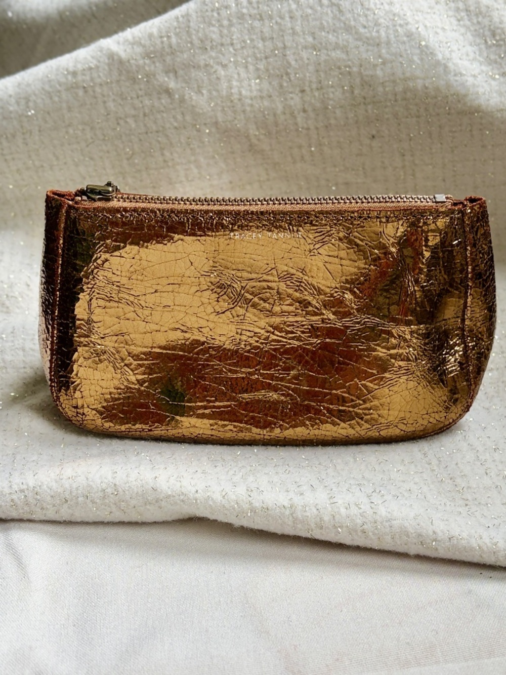 Tracey Tanner Texture Matte Foil Bronze Leather Cosmetic Fatty Pouch Medium EUC